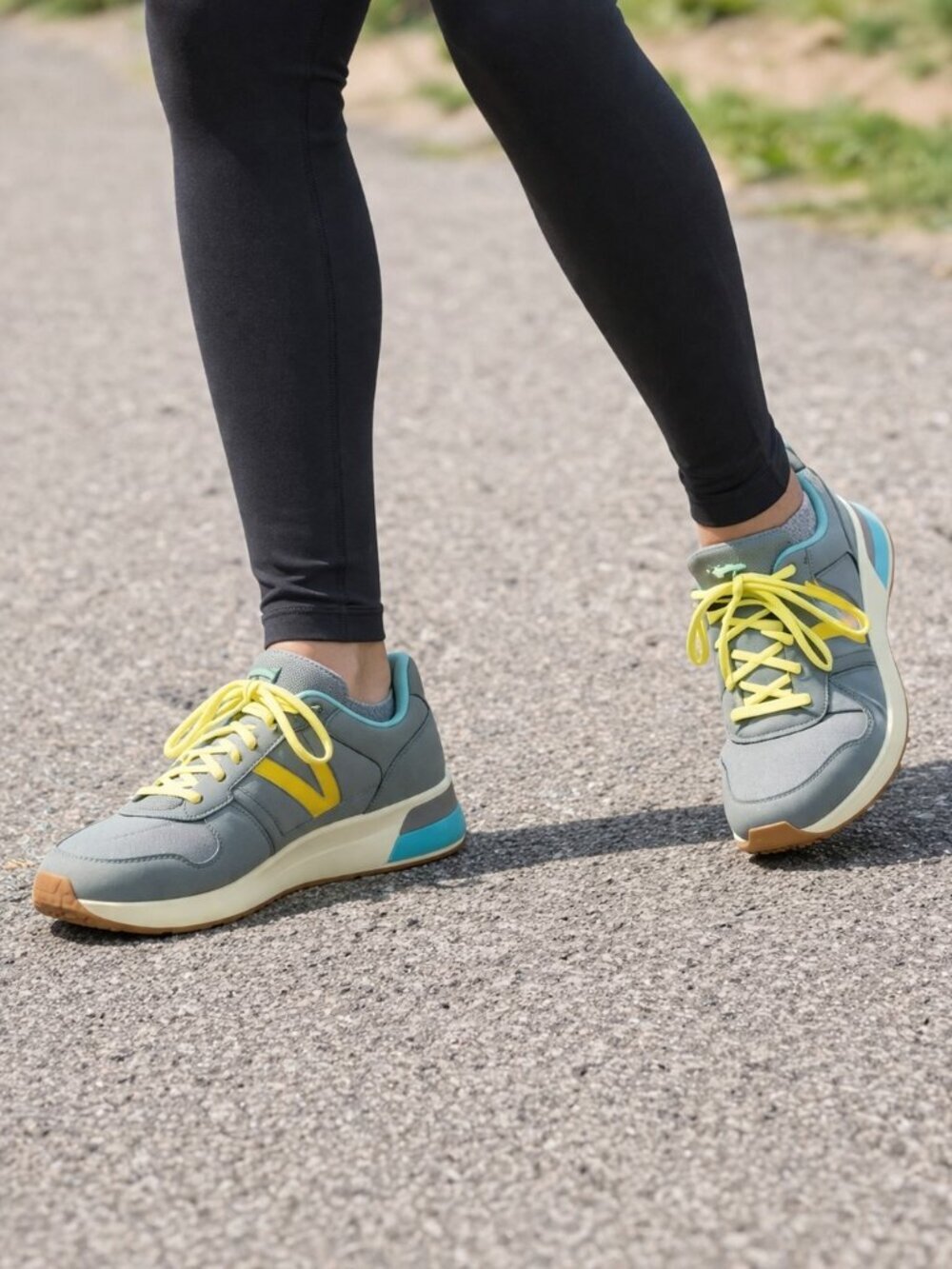 Vionic Curran Rechelle Leather Nylon Gray Blue Yellow Lace-up Sneaker, S…